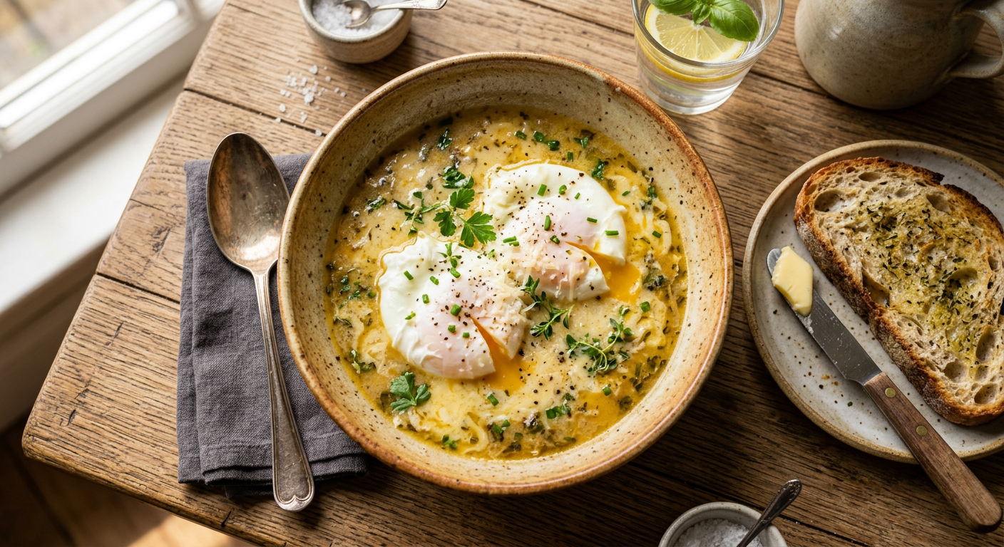 Cheesy Broth Poached Eggs